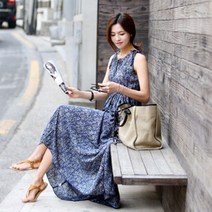 여자 플라워 리본끈 셔링 나시 바닷가 찰랑 롱원피스