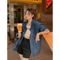 데일리룩 심플 여름 루즈핏 와일드 패드 숄더 반팔 데님 코트 뉴타입 디자인