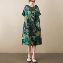 여름 반팔 롱 원피스 시원한 라운드넥 화려한 프린트 패턴 중년 엄마 편한 큰옷