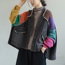 도오빠 여성 크롭 데님 자켓 오버핏 루즈핏 청자켓 워싱 언발 디스트로이드 배색 여자청자켓 의류