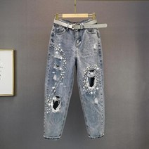 도매텍 드레스코드 애드립청바지 동대문 청바지 비즈 찢어진 아빠 여성 트렌디 한 여름 높은 허리 느슨한 슬리밍 붕괴 헐렁한 바지