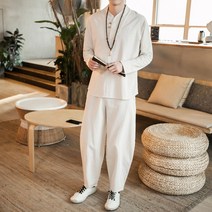 남성 개량 계량 생활한복 투피스 가을 반팔 정장 남성용 오버핏 면 린넨 고대 의류 스님 의류 의류 선 의류 당나라 의류