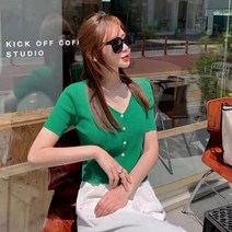 클래식 라이트블루 로즈레드 겨자 황록색 브이넥 싱글 버튼 반팔 냉장고티셔츠 페미닌 니트 가디건 숏 상의 여름