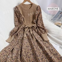 Makone 상표등록 가을 겨울 신작 한국판 나이 감소 봉제 붕대 슬리밍 니트 롱 스커트 패션 올 매치 코듀로이 꽃무늬 원피스