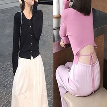 비비드 색감 스트링 크롭 얇은 니트 트랜디 패셔너블 GZ9 여성 봄 티 간절기 여자 스웨터 셔츠 긴팔