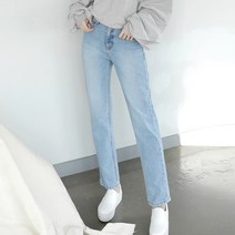 원타임 여성용 연청 워싱 일자 데님팬츠