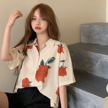 위위브렌 여성용 신상품 루즈핏 날염반팔 블라우스 셔츠