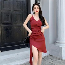 지9차이나 시크한 브이넥 언밸런스 나시 미디원피스