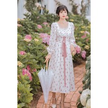 개화기의상 원피스 핑크 공주 스퀘어넥 긴팔 가을 화이트 레이스 무대 원피스 ZY158