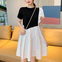 패스타임 여성 프렌치 여신 배색 라우드넥 볼륨 퍼프 반팔 여름 미디 롱원피스 데이트룩 하객룩