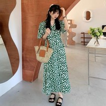 [프롬슈] 화이트 패턴 그린 데일리원피스 여성 랩스커트