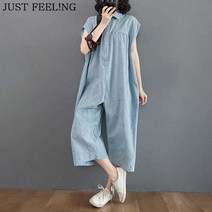 JUST FEEL!NG 여름 큰옷 빅사이즈 오버핏 문예 여성 반팔 점프수트 일체형 무지 시원한 여름옷
