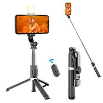 Holotap 무선 블루투스 삼각대 셀카봉 필 라이트 포함 360도 회전이, 검은색