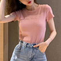 여성 기본 외출 패션 라운드 영문 반팔 티셔츠 네온 어깨패드티 단가라 크롭 박스티 끈나시
