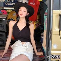 LONGKANG 여성 상큼 숏리본 홀터넥 나시 디자인 민트 티셔츠 핏태박