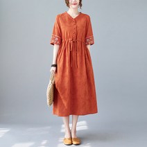 [인성] 여성 5부 소매 린넨 면마 자수 브이넥 롱 원피스 바캉스원피스
