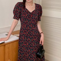 잇츠스타일 여성 블랙 레드 플라워 하트넥 프렌치 퍼프 슬리브 예쁜 꽃무늬 롱원피스