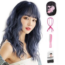 가발위드 긴머리 웨이브 히피펌 탑텐 통가발1개 +가발걸이1개+가발전용빗1개+가발망1개 세트상품, 블랙블루, 1세트