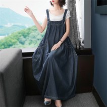 여름 여성 롱원피스 스트랩 오버핏 셔링 데님 원피스 무지 포켓 조끼 청멜빵원피스 빅사이즈 B15