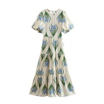 휴양지원피스 엄마돌원피스 돌맘드레스 Tell꿀-캐주얼 밑단 주름 레이스업 o-넥 반팔 루즈핏 드레스 여성용