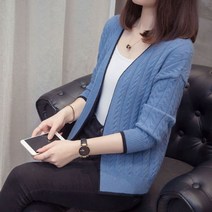 코발트블루 파란 부드러운 스웨터 니트 PEONFLY 카디건 가을 V 목 오픈 스티치 당겨 Femme 블루