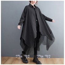 신이SH 더블샵 큰언니 빅사이즈 블랙코트처럼 코디하는 루즈핏 박시 스트라이프 블랙롱셔츠