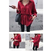 레드 블라우스 직장인코디 워킹맘셔츠 여성스러운 허리끈 포인트 루즈핏 셔츠 기본블라우스