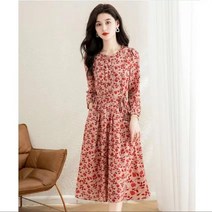 긴팔 원피스 여 봄 2023 패션 레드 쉬폰 플라워 스커트원피스 여성봄원피스