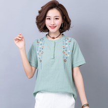 이너 반팔티 면린넨 상의 에스닉 무드 여름 와이드 루즈핏 배가리기 단아한 가시 꽃자수 속티 여성 1436468010