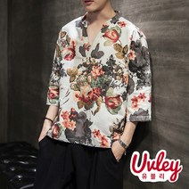 유블리 남성셔츠 코튼 면 데일리 꽃무늬 플라워패턴 간절기 가벼운 잔꽃 화려한 하와이안 알로하 중국풍 차이나카라 복고풍 중국스타일 도복 유니크 UV214409SB 플루