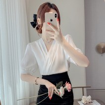 크로스 블라우스 전문 셔츠 여성 여름 반팔 크로스 넥 쉬폰 바지 외국 버블 슬리브 홍콩 스타일 디자인 탑