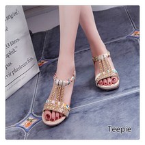 티피 인조 다이아몬드 샌들 여자 여름 편안 부드러운 바닥 슬립 온 플랫 슈즈