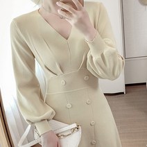 브런치 브이넥 긴팔 원피스 니트 벌룬소매 미디원피스