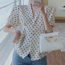 도트 핀턱 카라넥 블라우스 퍼프소매 플레어 체형커버