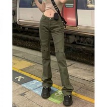로우라이즈 팬츠 로라이즈 바지 y2k 와이드 그린 하이 청바지 여 바이브풍 로우웨이스트 세미부츠컷