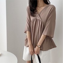 러빙엠 뒷리본 여성스러운 브이넥 랩 7부 소매 반팔 반전 프릴 린넨 블라우스