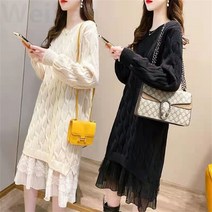 HONGKANG 여성 봄가을 겨울 레이스 밑단 라운드넥 니트 원피스