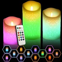 Niceme 3피스 LED 멀티 컬러 불꽃 없는 양초 리모컨 타이머 색상 변경 양초 현실적인 왁스 배터리 작동 양초 깜박이는 춤 심지 웨딩 홈용 깊이 3 x 높이 12 4cm(4/, 3PCS: 할로우 탑