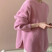 여자 도톰니트 라운드넥 골지 옆트임 스웨터 긴팔티