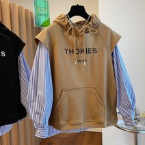 여성 루즈핏 스트라이프 셔츠 패치워크 후드티셔츠