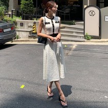 떳다그녀 아네스 트위드 배색 롱 원피스