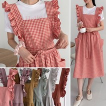 유앤마인 프릴 에이프런 원피스 앞치마 체크 레이스 원피스형 앞치마 국내제작 6COLOR 러블리 원피스 롱앞치마, 주황