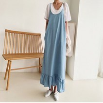프릴 롱 청나시원피스 데님 민소매 뷔스띠에 여름청 해지청 점프수트 빅사이즈