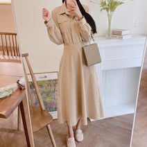 가을 허리 뒷밴딩 하객 셔츠 트렌치 롱 원피스