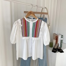 뉴타임즈 에스닉 자수 여름 레이스 퍼프 블라우스