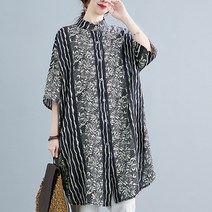 도니와 여성 차이나카라 블랙나염 7부소매 롱셔츠 봄셔츠 여름셔츠 리조트룩 편한셔츠 리조트룩 직장인셔츠 나염셔츠 블랙셔츠 예쁜셔츠 리조트룩 여행패션 꽃무늬셔츠 데일리룩 엄마셔츠