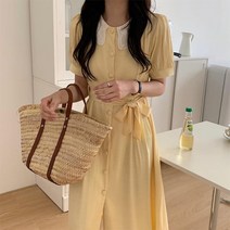 C.ONLIE SHOP린넨 레이스카라 빅단추 리본끈 퍼프 롱원피스 T1925 원피스 하객룩 하객원피스