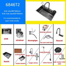 스테인리스 스틸 소재 폭포 크리에이티브 주방 싱크대 탑 마운트 블랙 나노 세면대, 05 6846T2