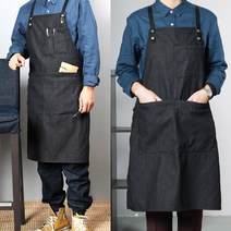 모올글래드 데님 앞치마 캐주얼 롱 앞치마 남녀공용 데일리 앞치마, 데님 앞치마 (빅사이즈 가죽끈 블랙)