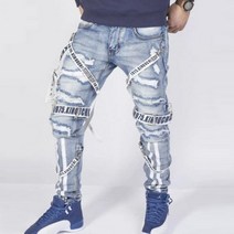 남성 청바지 여름 루스 바지 2021 trendy street 남성 코 로케이션 디자인 가 스트레이트 바지 찢어진 오토바이 보이 바지